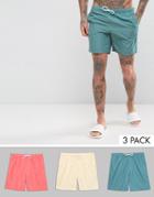 Asos Swim Shorts 3 Pack In Pink Yellow & Blue In Mid Length Save - Multi