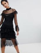 Hope & Ivy Long Sleeve Mesh Tier Dress - Black