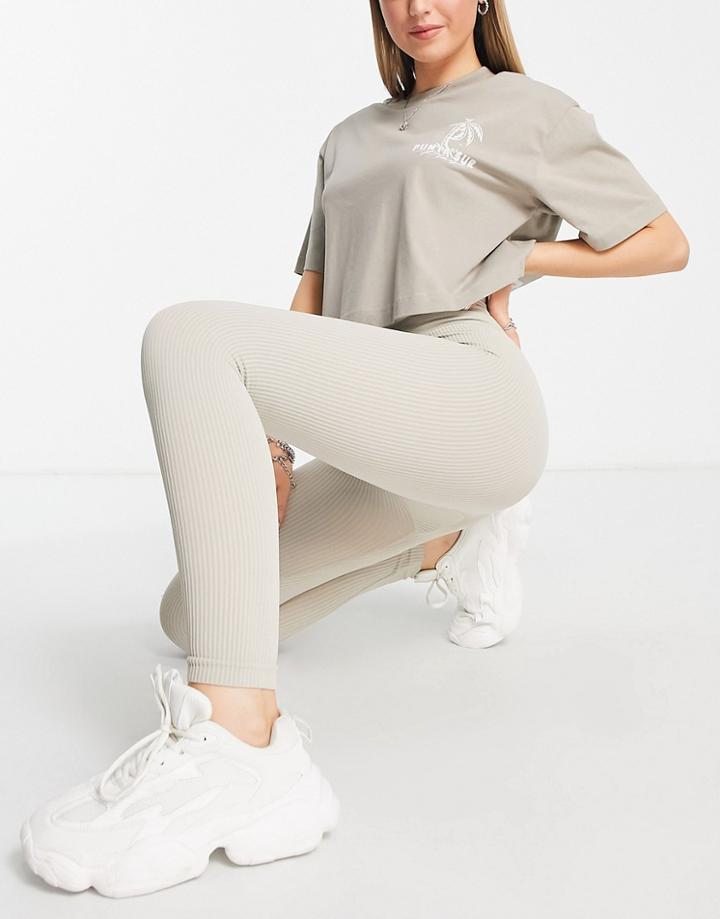 Pull & Bear Seamless Ribbed Leggings In Sand-neutral