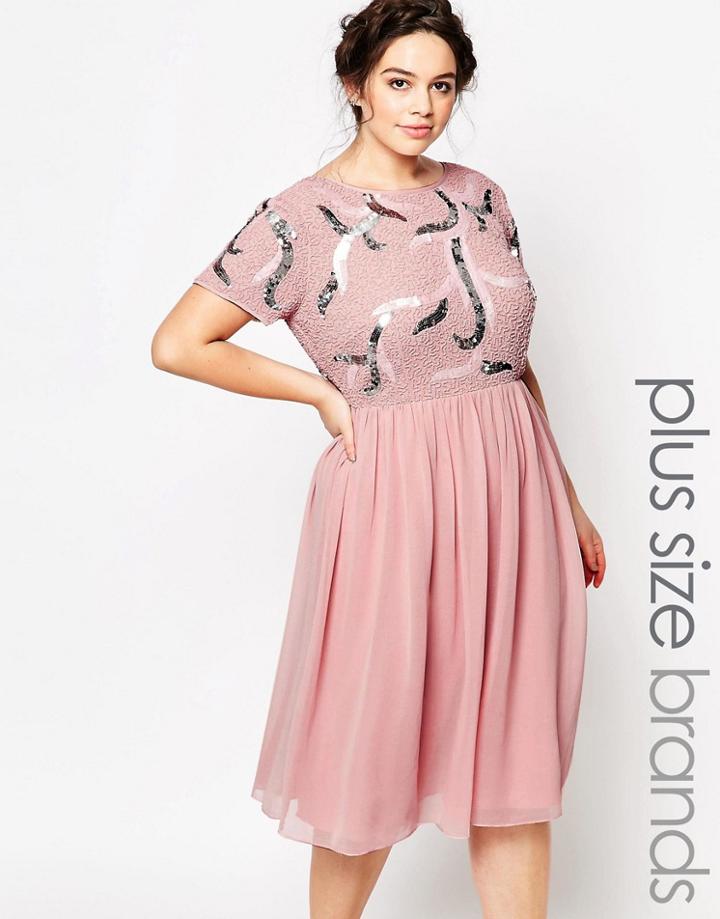 Lovedrobe Embellished Prom Skater Dress With Plunge Back - Pink