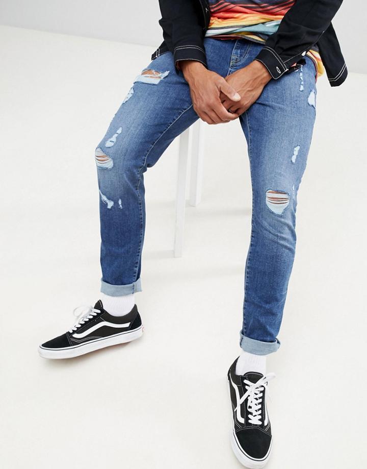 Brooklyn Supply Co Skinny Fit Jeans In Indigo With Thigh Rip - Blue