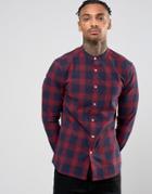 Asos Skinny Check Shirt With Grandad Collar In Red - Navy