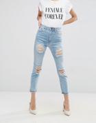 Asos Farleigh High Waist Slim Mom Jeans In Sweet Mid Stonewash With Extreme Super Busts - Blue