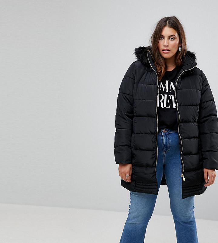 Brave Soul Plus Mid Padded Belted Coat - Black