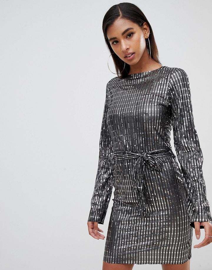 Club L Tie Front Metallic Long Sleeve Dress-multi