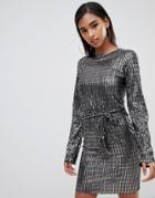 Club L Tie Front Metallic Long Sleeve Dress-multi