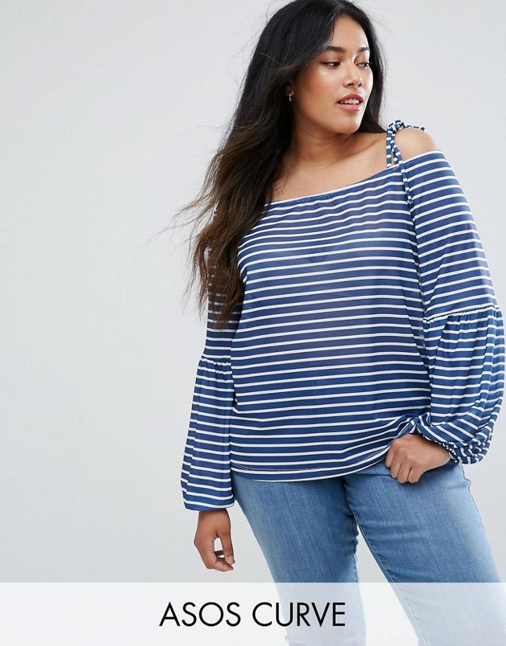 Asos Curve Top In Stripe With Off Shoulder And Pretty Bell Sleeve In Stripe - Multi