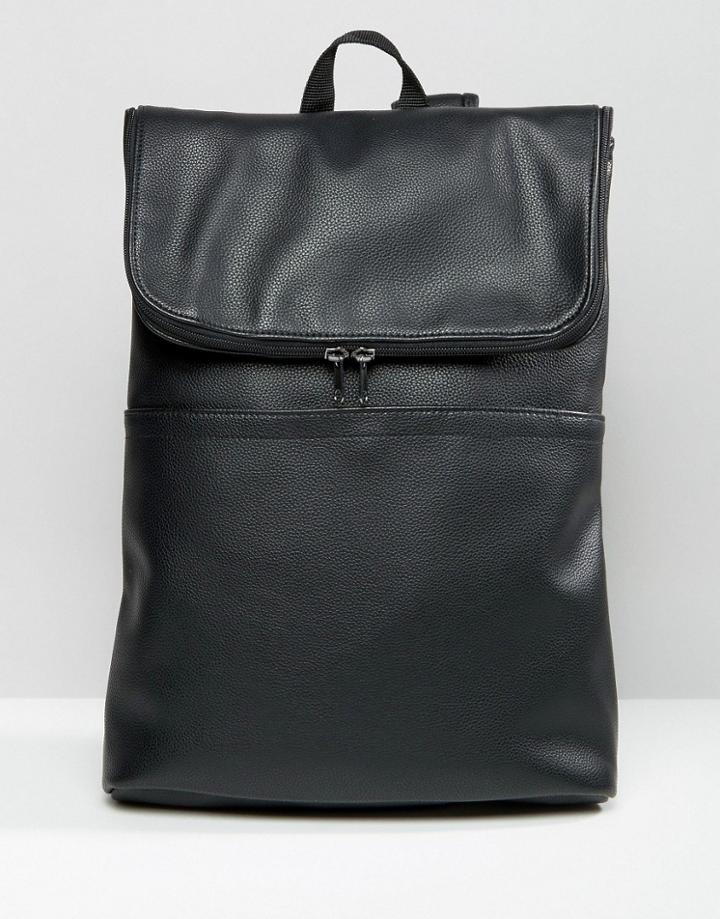 Asos Backpack In Faux Leather With Fold Over Top - Black