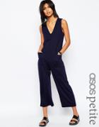 Asos Petite Minimal Jumpsuit With V Neck And Wide Leg - Navy
