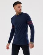 Asos Design Organic Skinny Long Sleeve T-shirt With Stretch And Contrast Sleeve Stripe In Navy