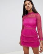Ax Paris Long Sleeve Crochet Lace Mini Dress With Tiered Skirt - Pink