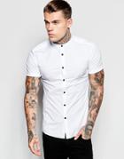 Asos Skinny Shirt In White With Grandad Collar And Contrast Buttons In Short Sleeves - White