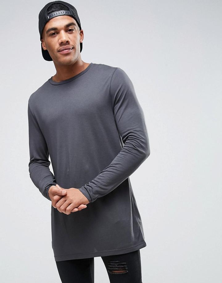 Asos Longline Long Sleeve T-shirt In Drape Viscose Fabric - Black