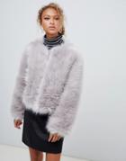 New Look Fluffy Faux Fur Collarless Jacket - Gray