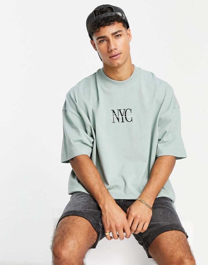 Topman Extreme Oversized T-shirt With Nyc Embroidery In Sage-green