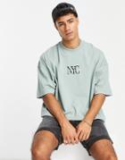 Topman Extreme Oversized T-shirt With Nyc Embroidery In Sage-green