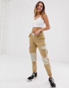 Bershka Utility Pants With Contrast Panels In Beige - Beige