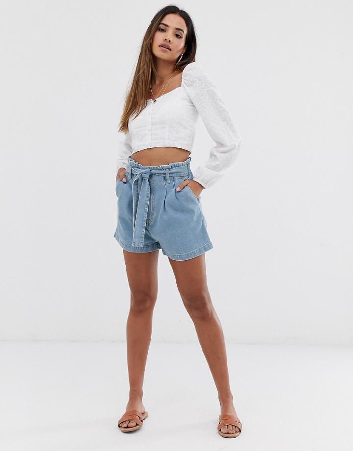 Stradivarius Cargo Detail High Waisted Denim Shorts In Blue - Blue