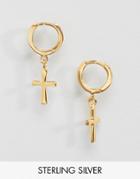Asos Design Sterling Silver Cross Hoop Earrings In Gold Plated - Silver