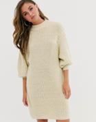 Asos Design Knitted Rib Mini Dress With Chunky Crew Neck - Cream