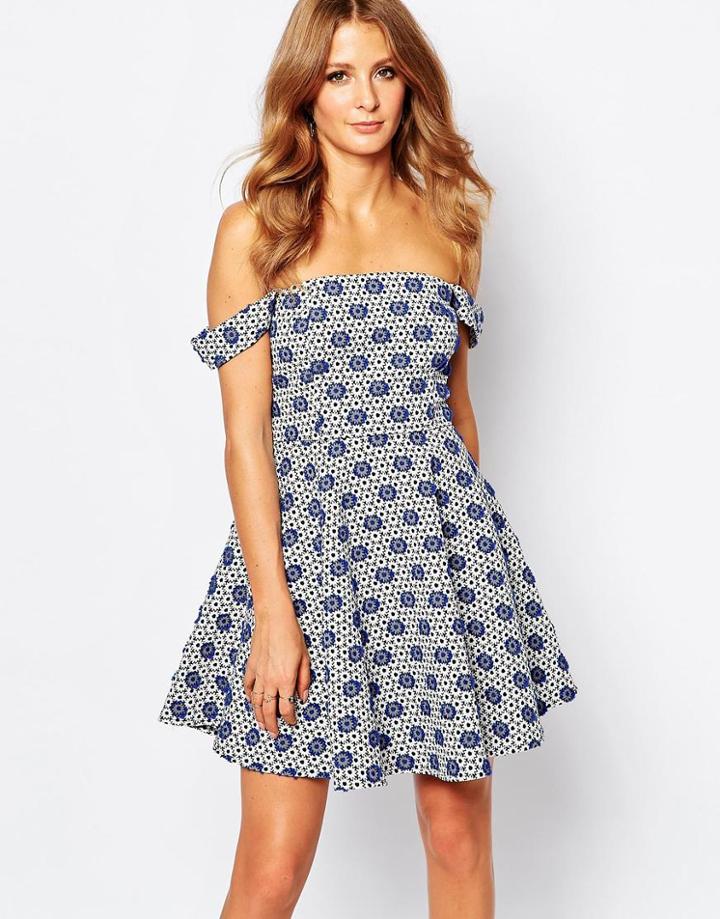 Millie Mackintosh Off Shoulder Dress In Blue Jacquard - 3c6876 Blue