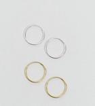 Asos Pack Of 2 Mixed Plated Sterling Silver 9mm Hoop Earrings - Multi