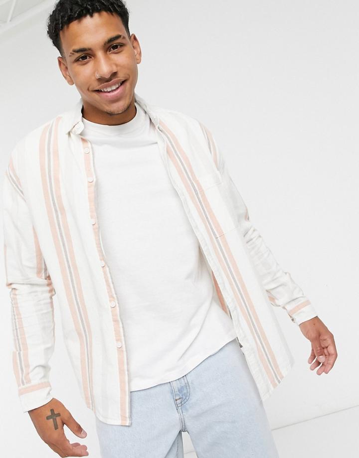 Asos Design 90s Oversized Button Down Shirt In Retro White And Pink Stripe