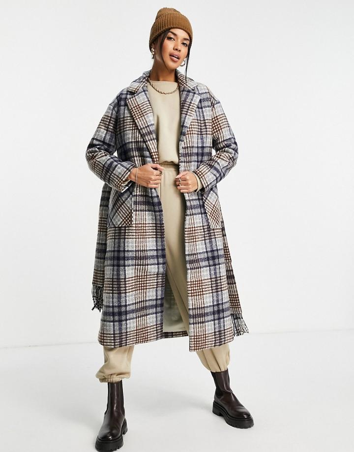 Fashion Union Longline Wool Blend Coat In Check With Tassle Belt-blues