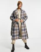 Fashion Union Longline Wool Blend Coat In Check With Tassle Belt-blues