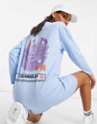 Asos Design Oversized T-shirt Dress With Long Sleeve With Los Angeles Graphic Print In Blue-blues