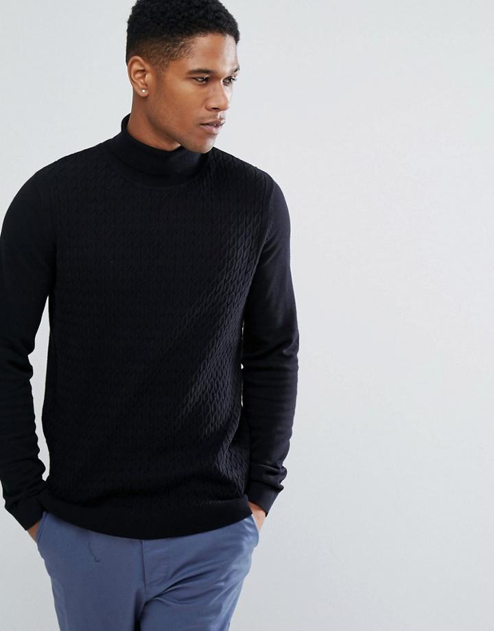 Threadbare Cable Knit Roll Neck Sweater - Black