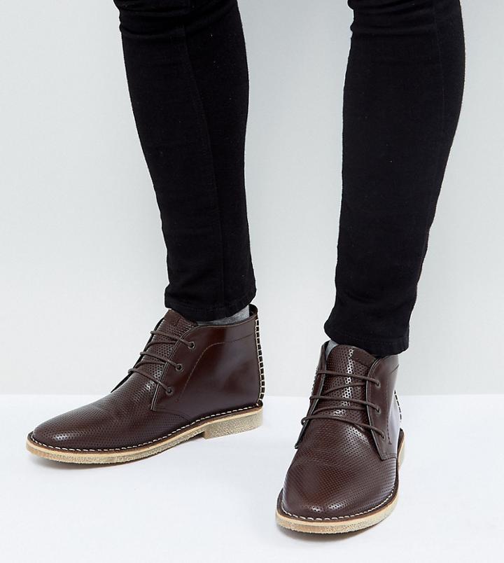 Asos Wide Fit Desert Boots In Brown Leather With Perforated Detail - Brown