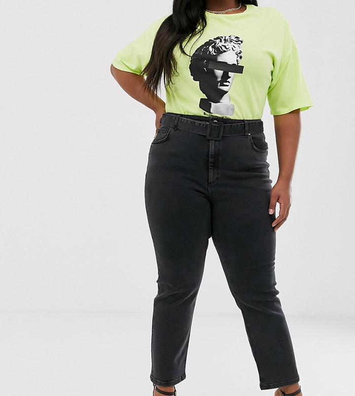 Asos Design Curve High Waisted Belted Pencil Slim Jeans In Washed Black