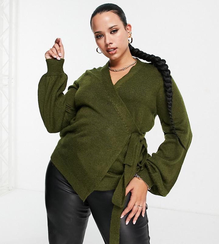 Asos Design Curve Knit Wraparound Waist Cardigan With Balloon Sleeves In Khaki-green