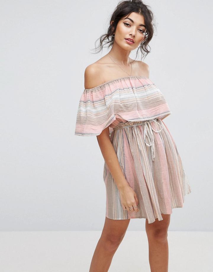 Asos Beach Sundress With Off Shoulder In Natural Stripe - Multi