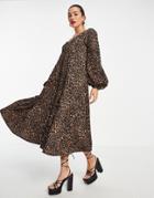 Asos Design Textured Smock Midi Dress With V Neck In Leopard Print-multi