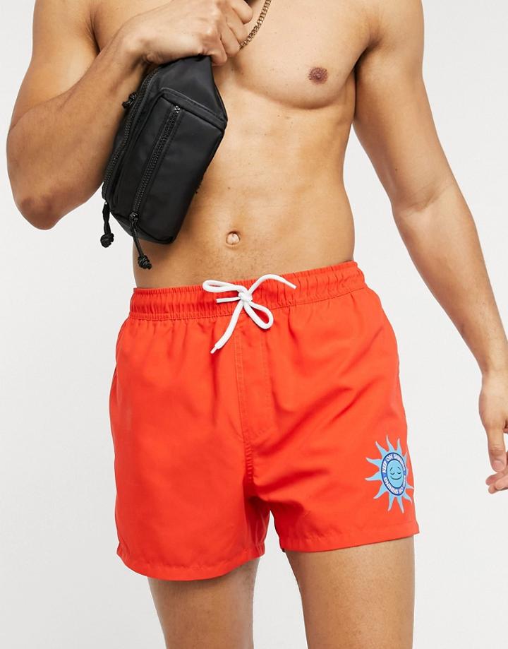 Asos Design Swim Shorts In Short Length With Wellness Print-red