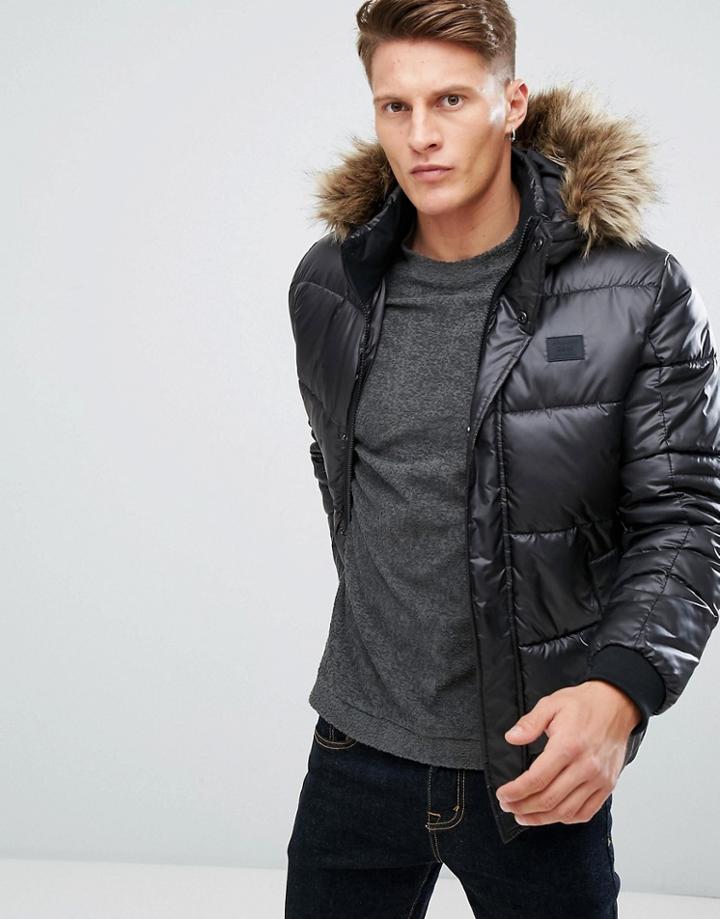 Jack & Jones Core Puffer Jacket With Faux Fur Hood - Black