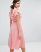 New Look Ruffle Sleeve Lattice Back Midi Dress - Pink