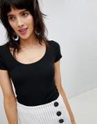 Stradivarius Ballerina Neck Jersey Ribbed Crop Top Plain - Black