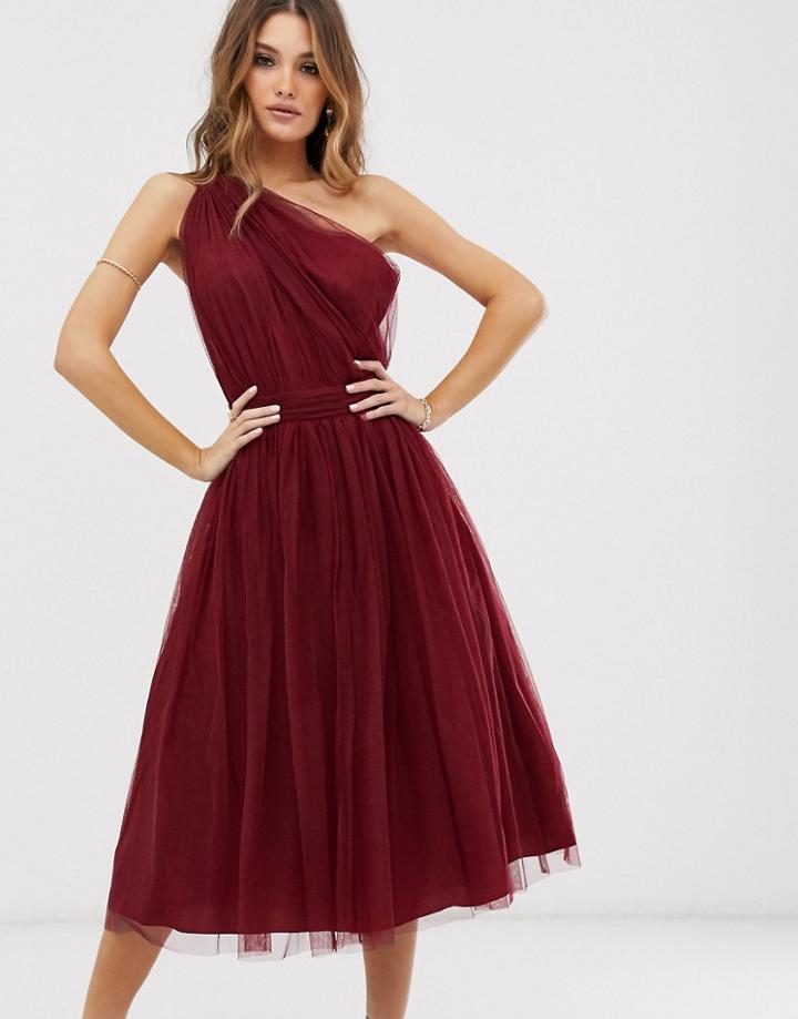 Asos Design One Shoulder Tulle Midi Dress-red