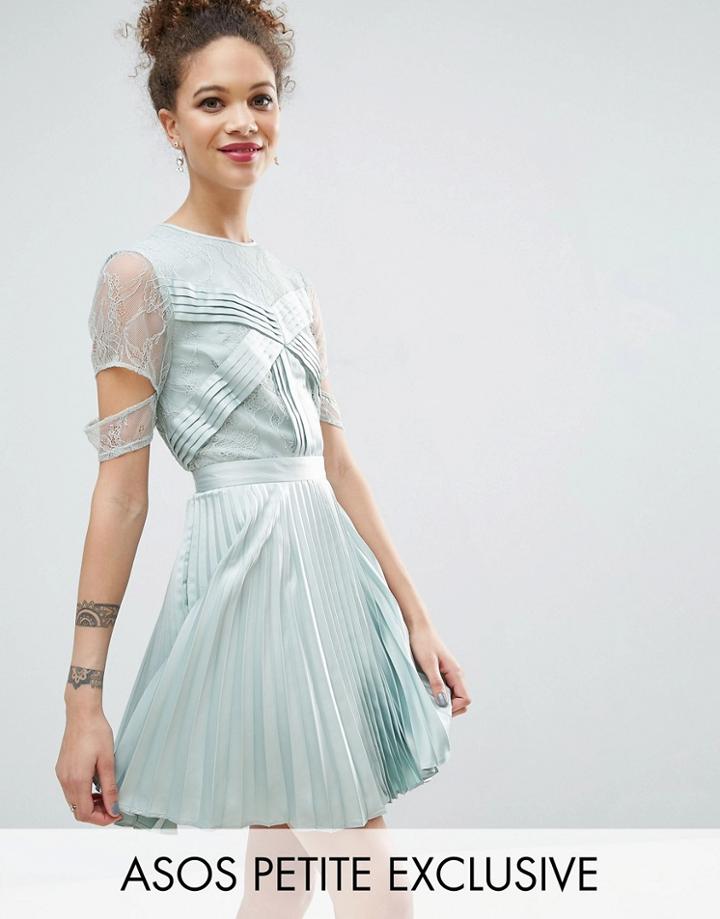Asos Petite Satin Pleat And Lace Mix Mini Dress With Cut Out Sleeve - Blue