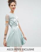 Asos Petite Satin Pleat And Lace Mix Mini Dress With Cut Out Sleeve - Blue