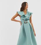 Asos Design Ruffle Front Midi Prom Dress With Tortoise Belt - Blue