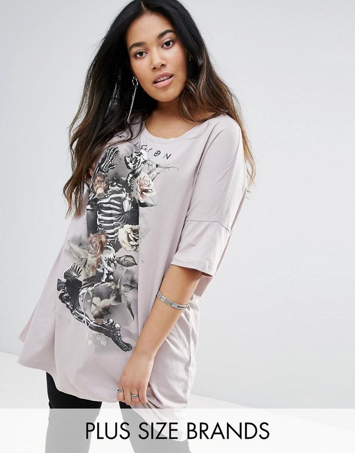 Religion Plus Skull Print T Shirt Dress - Gray