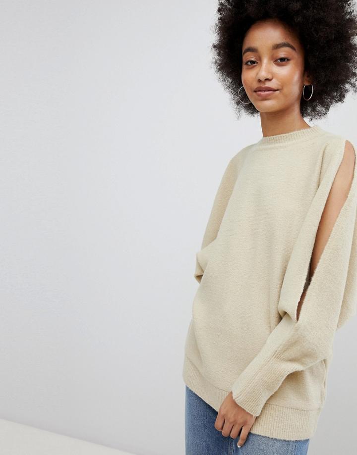 Lasula Split Sleeve Over Sized Sweater - Beige