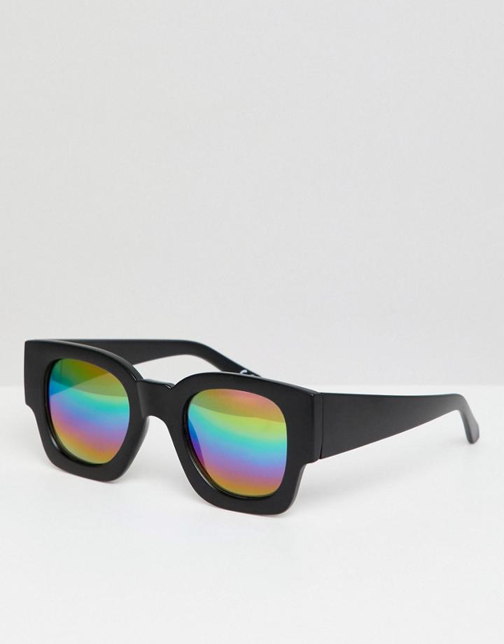 Asos Design Square Sunglasses In Black With Mirrored Rainbow Lens - Black