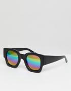 Asos Design Square Sunglasses In Black With Mirrored Rainbow Lens - Black