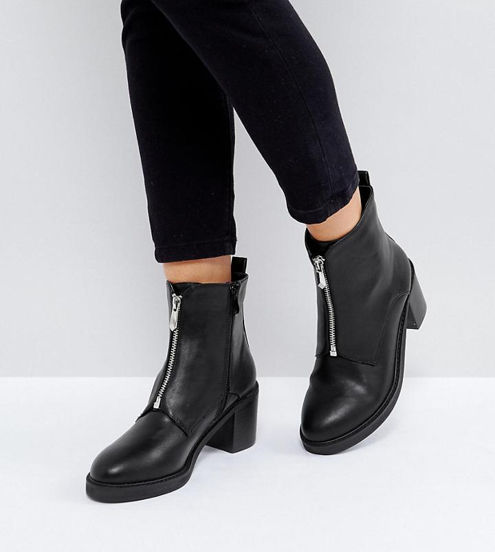The March Black Zip Front Chunky Heeled Ankle Boots - Black