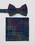 Asos Design Checked Bow Tie And Pocket Square - Navy
